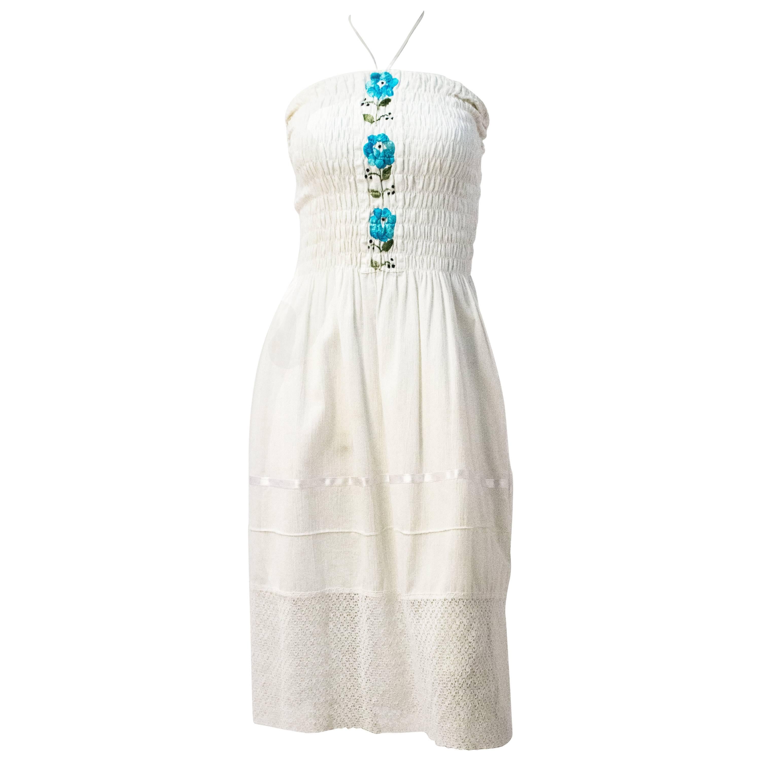 60s Mexican Cotton Gauze Halter Dress with Embroidery  For Sale