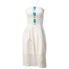 60s Mexican Cotton Gauze Halter Dress with Embroidery
