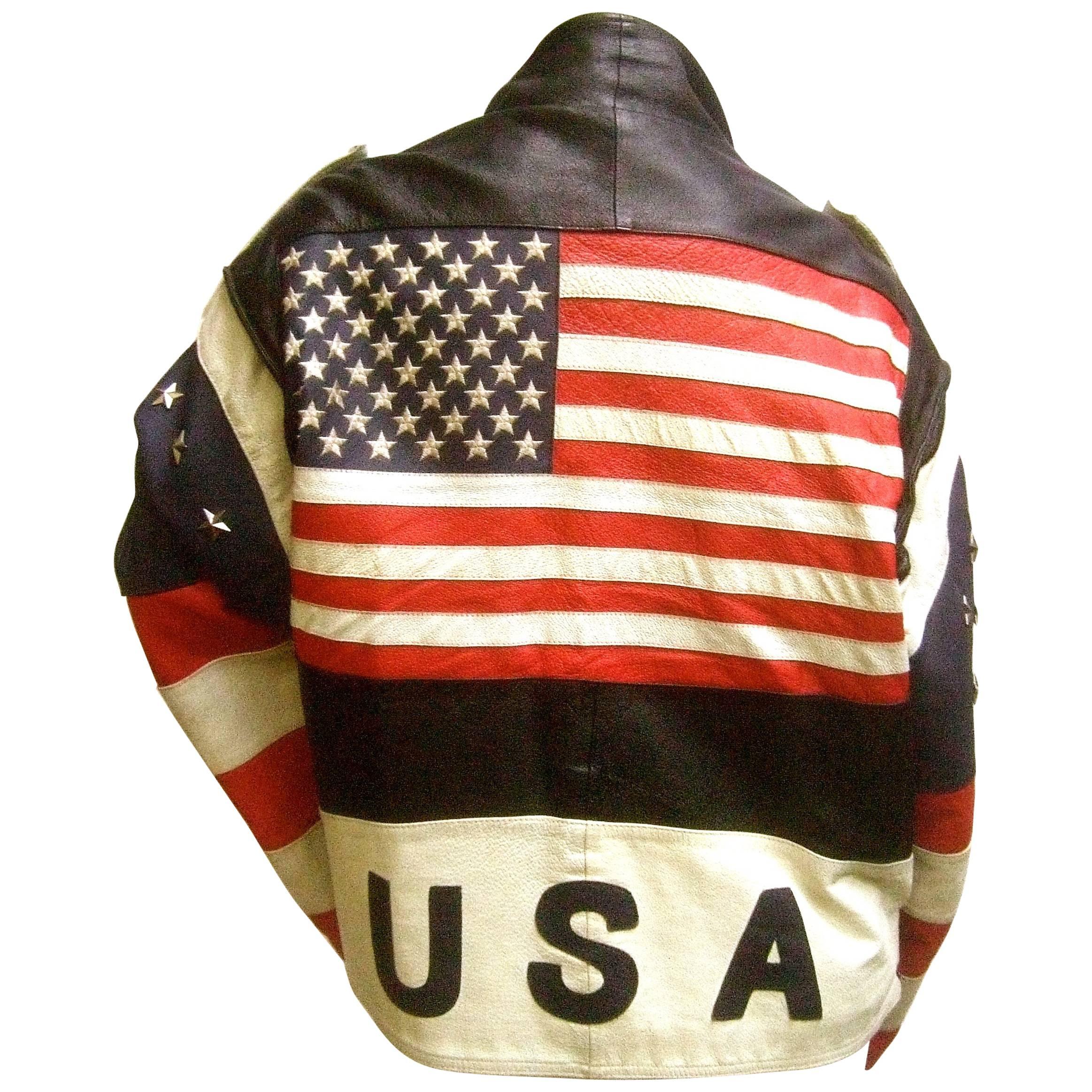Men's Leather Patriotic American Flag Motorcycle Jacket ca 1980s