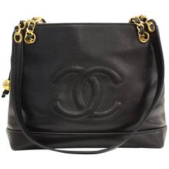 Vintage Chanel 12" Black Caviar Leather Shoulder Tote Bag