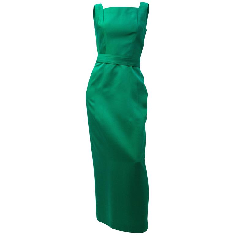 60s Emerald Green Satin Column Gown With Sash and Bolero at 1stDibs