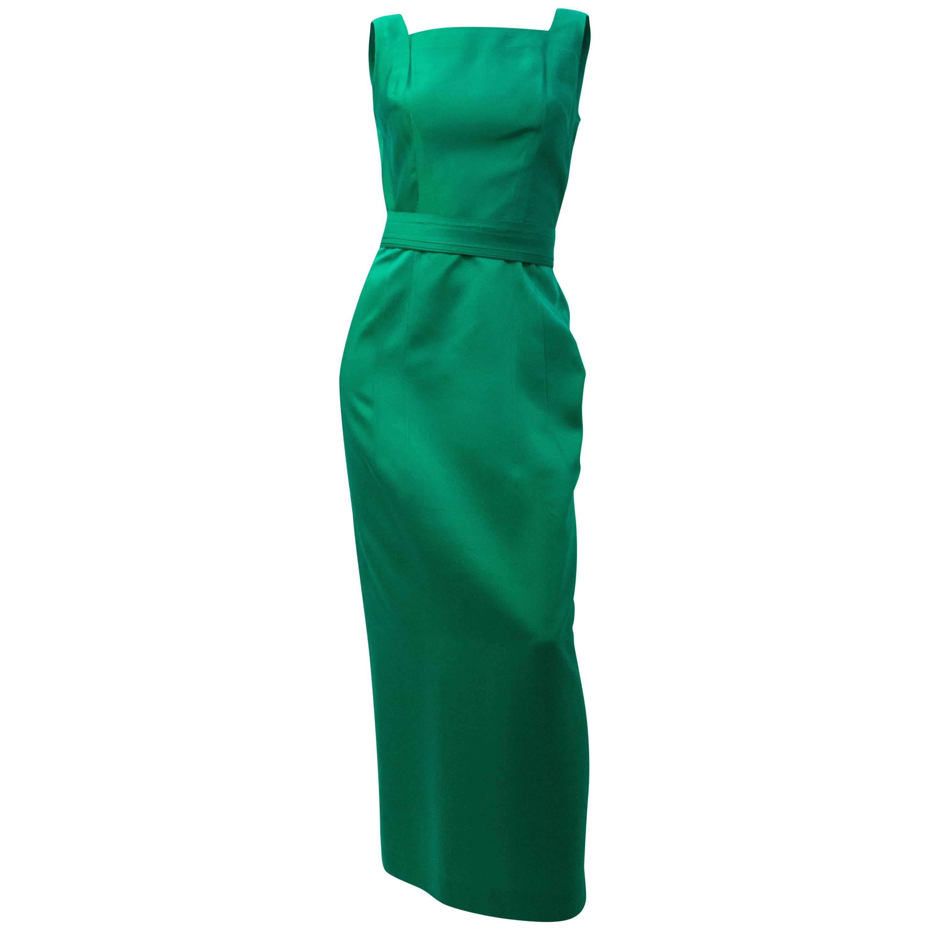 60s Emerald Green Satin Column Gown With Sash and Bolero