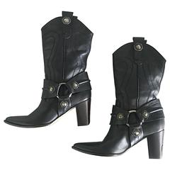 Casadei Black Leather Western High Heeled Pointed Toe Cowboy Boots
