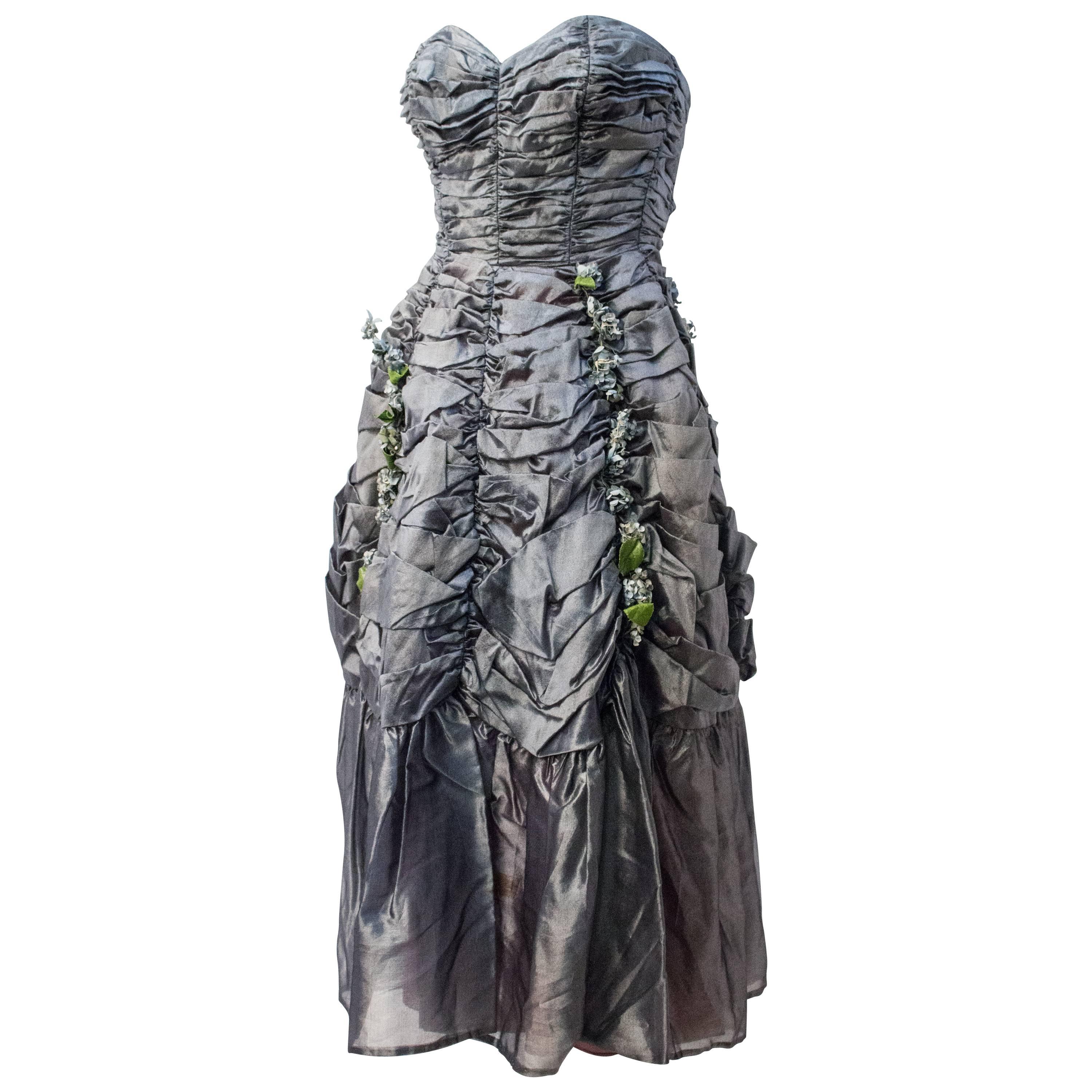 50s Strapless Ruched Silver Taffeta Party Dress