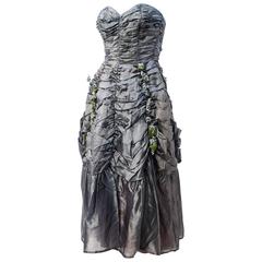 Vintage 50s Strapless Ruched Silver Taffeta Party Dress