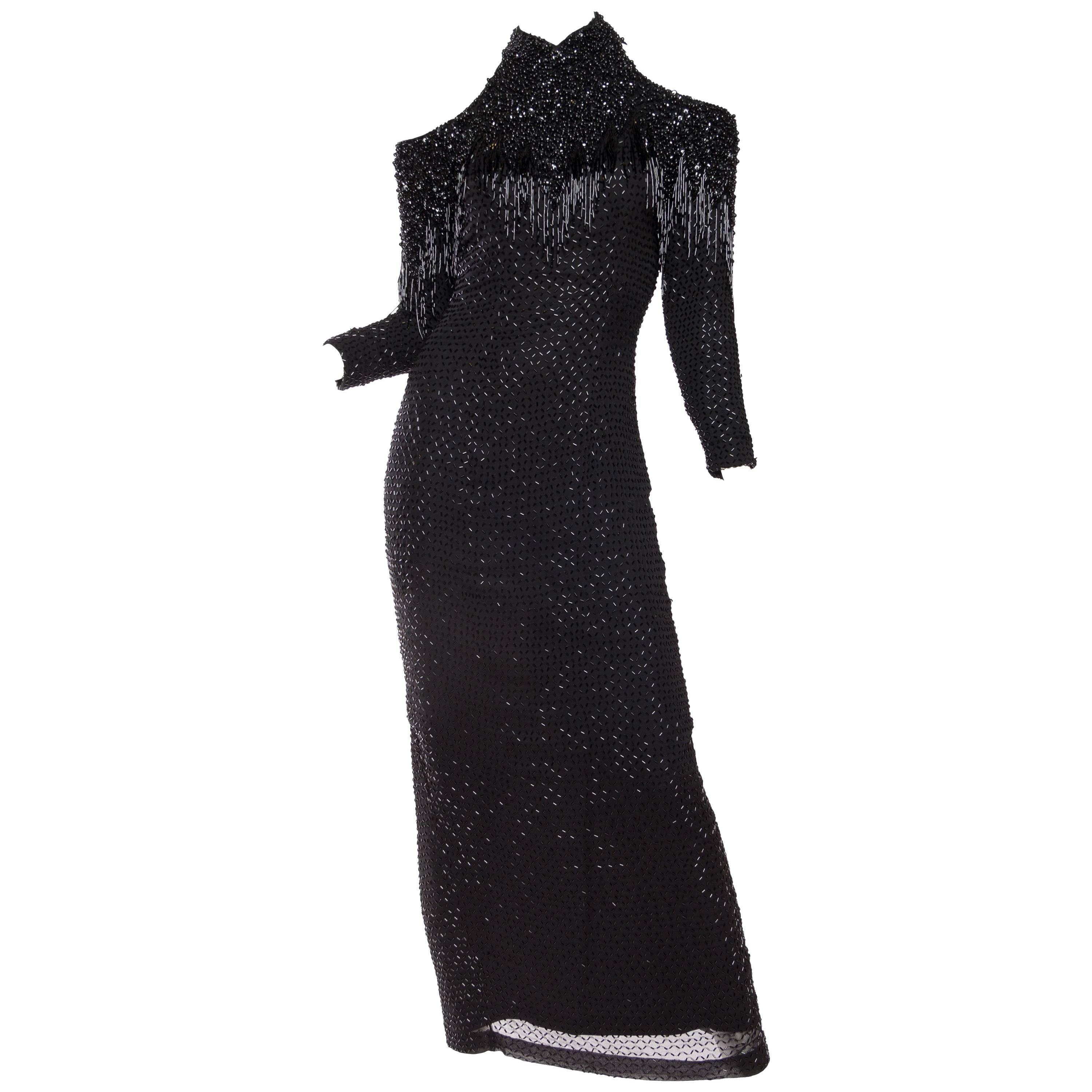 1980S Black Silk Chiffon Cold Shoulder Beaded Fringe Gown For Sale