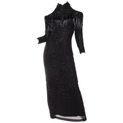 Vintage 1980S Black Silk Chiffon Cold Shoulder Beaded Fringe Gown