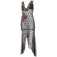 Reworked 1930s Sheer Lace Dress with Sequined Bird
