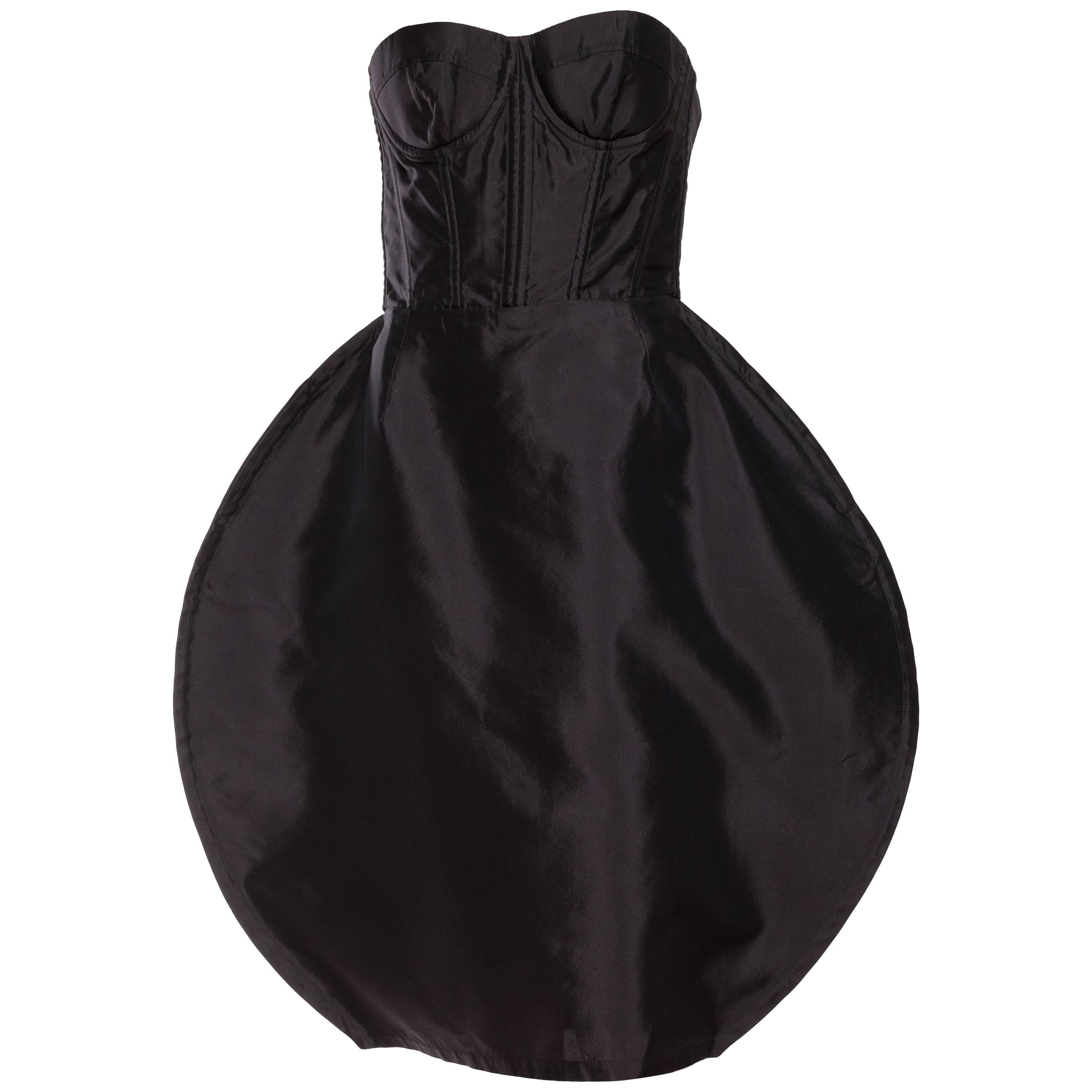 2000S DOLCE & GABBANA Black Silk Twill Strapless Bustier Cocktail Dress With Po