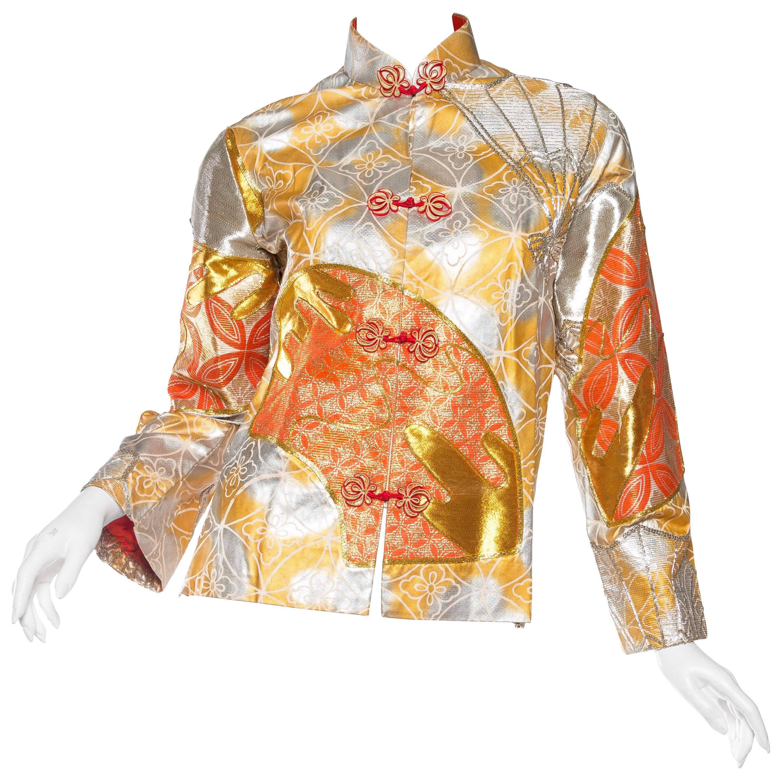 1960S Gold & Orange Silk Hand Painted Embroidered Chinese Mandarin Jacket