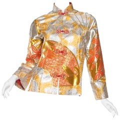 1960S Gold & Orange Silk Hand Painted Embroidered Chinese Mandarin Jacket