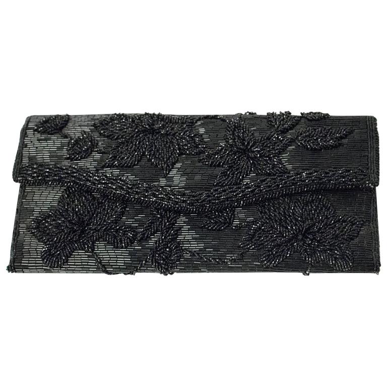 50s Black Hand Beaded Clutch For Sale at 1stDibs
