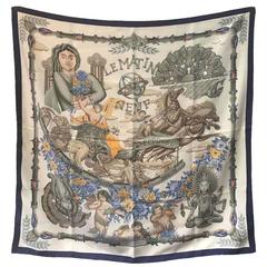 RARE Hermes Le Matin Neuf Silk Scarf in Navy and White