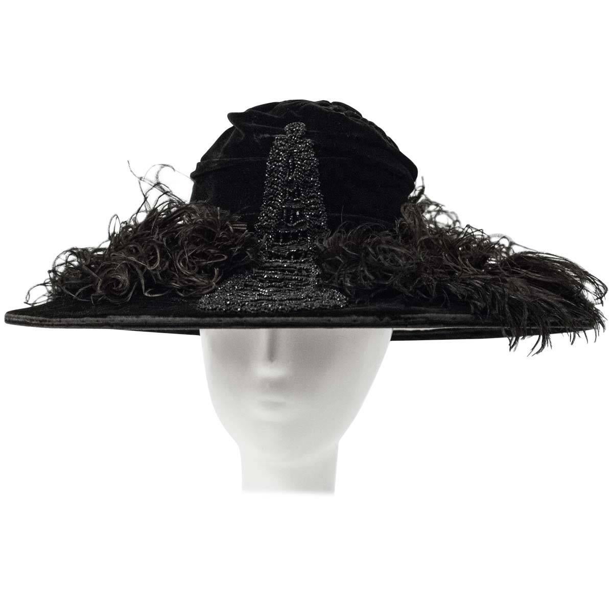 1900 Edwardian Black Velvet Hat with Marcasite Beading and Marabou Feathers