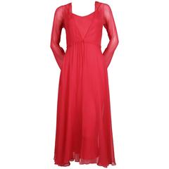 1970's HALSTON fuchsia silk mousseline bias cut dress with overlay 1