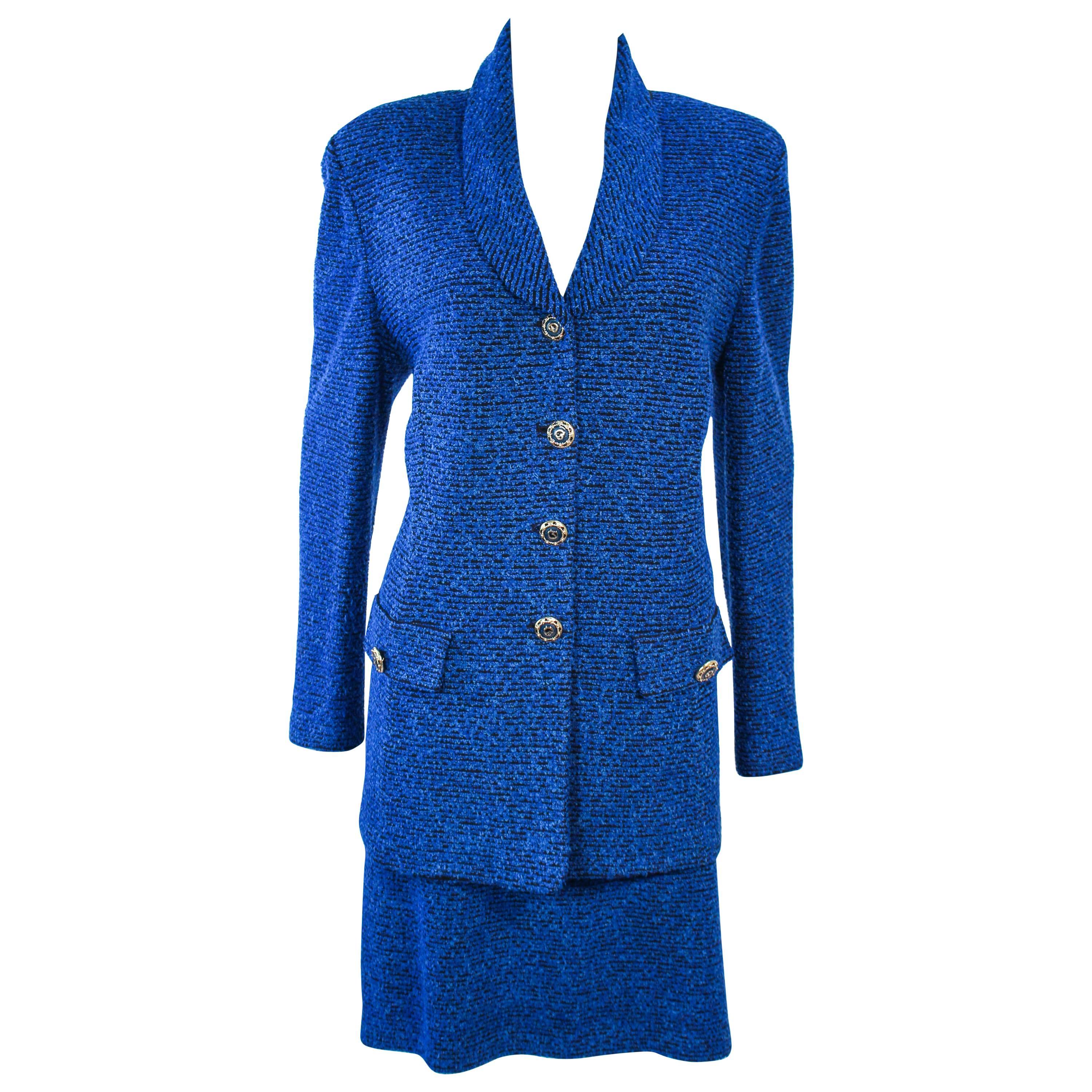ST. JOHN Vintage Royal Blue Stretch Wool Skirt Suit Size 14