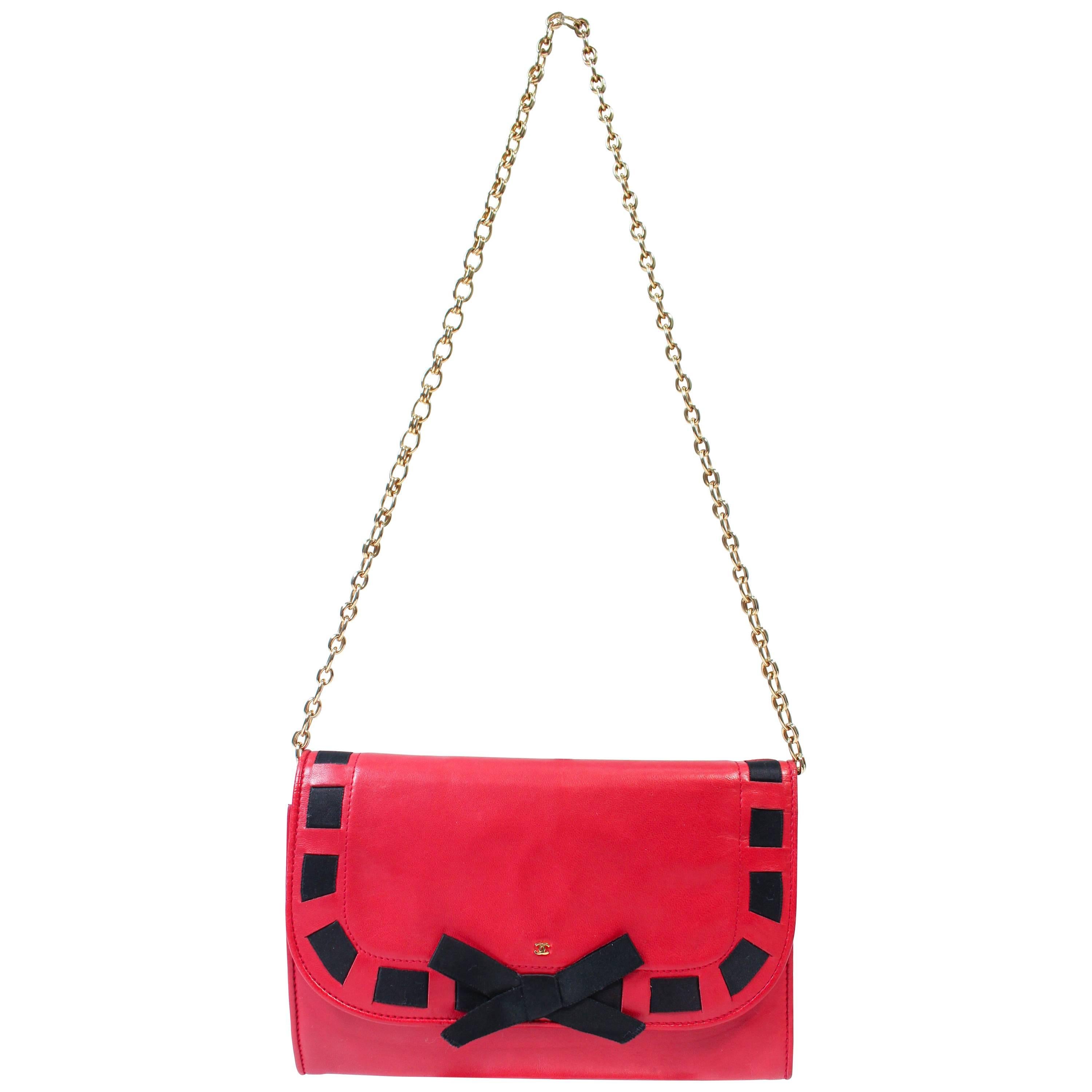 CHANEL Vintage Red Lamb with Silk Bow Gold Chain Strap Handbag 
Clutch