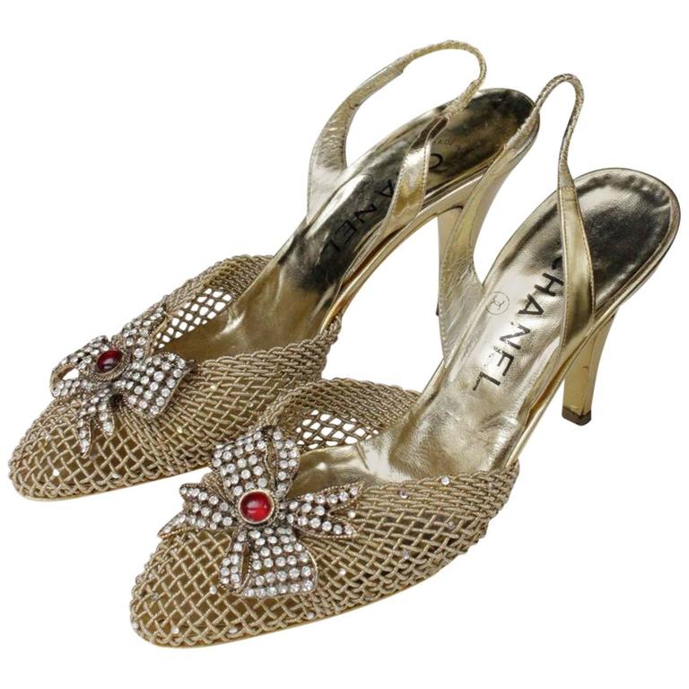 1990s Chanel Gold Tone Jewelry Slingback Shoes at 1stDibs