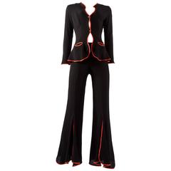 Vintage Ossie Clark 1970 black moss crepe 'Judy' pant suit with red satin trim