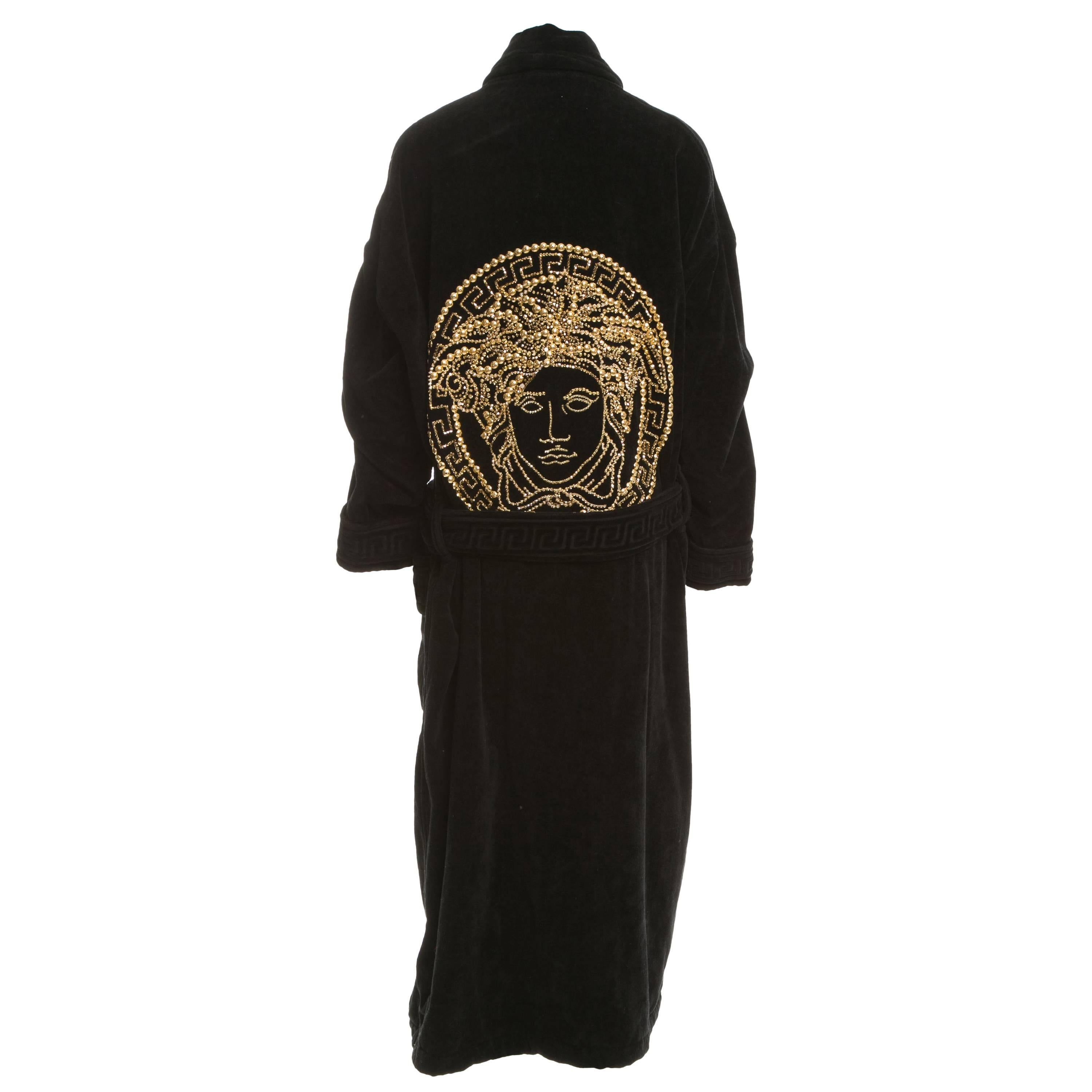 Versace Black Terrycloth Robe with Gold Bead Embellished Medusa Back