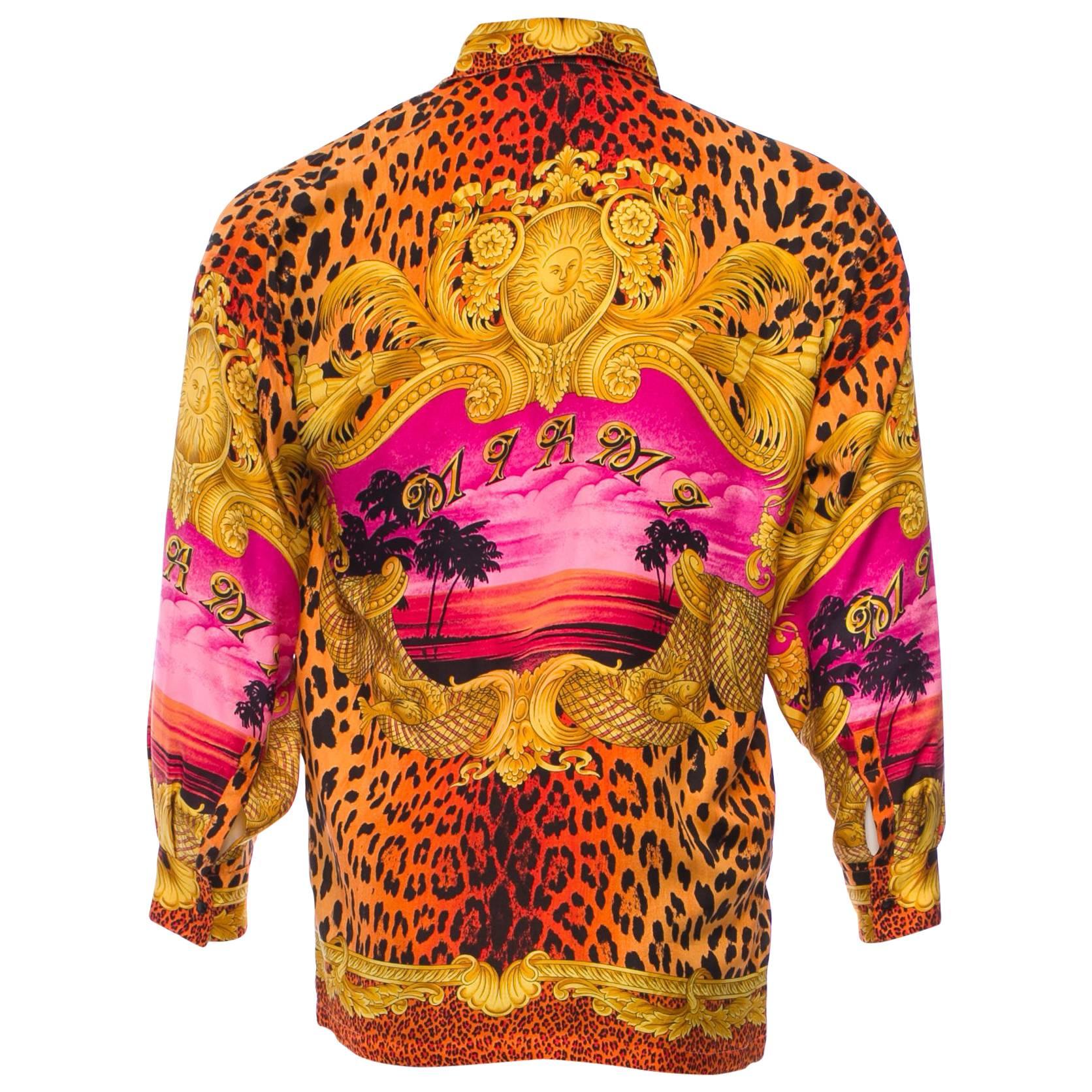 Gianni Versace Collectable 1993 Miami Silk Shirt with Leopard Print For Sale