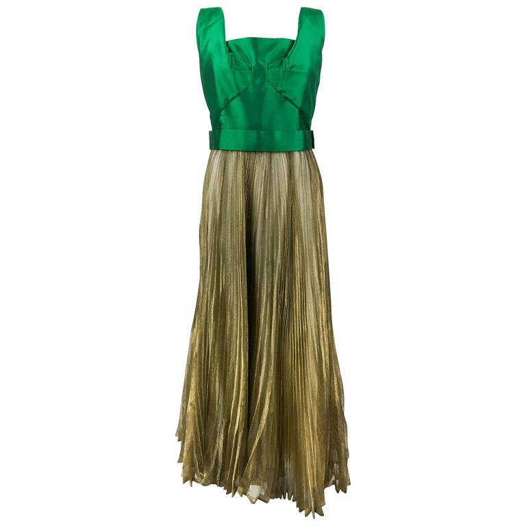 1950s Lanvin Haute Couture Green Silk and Gold Lamé Pleated Gown at 1stDibs