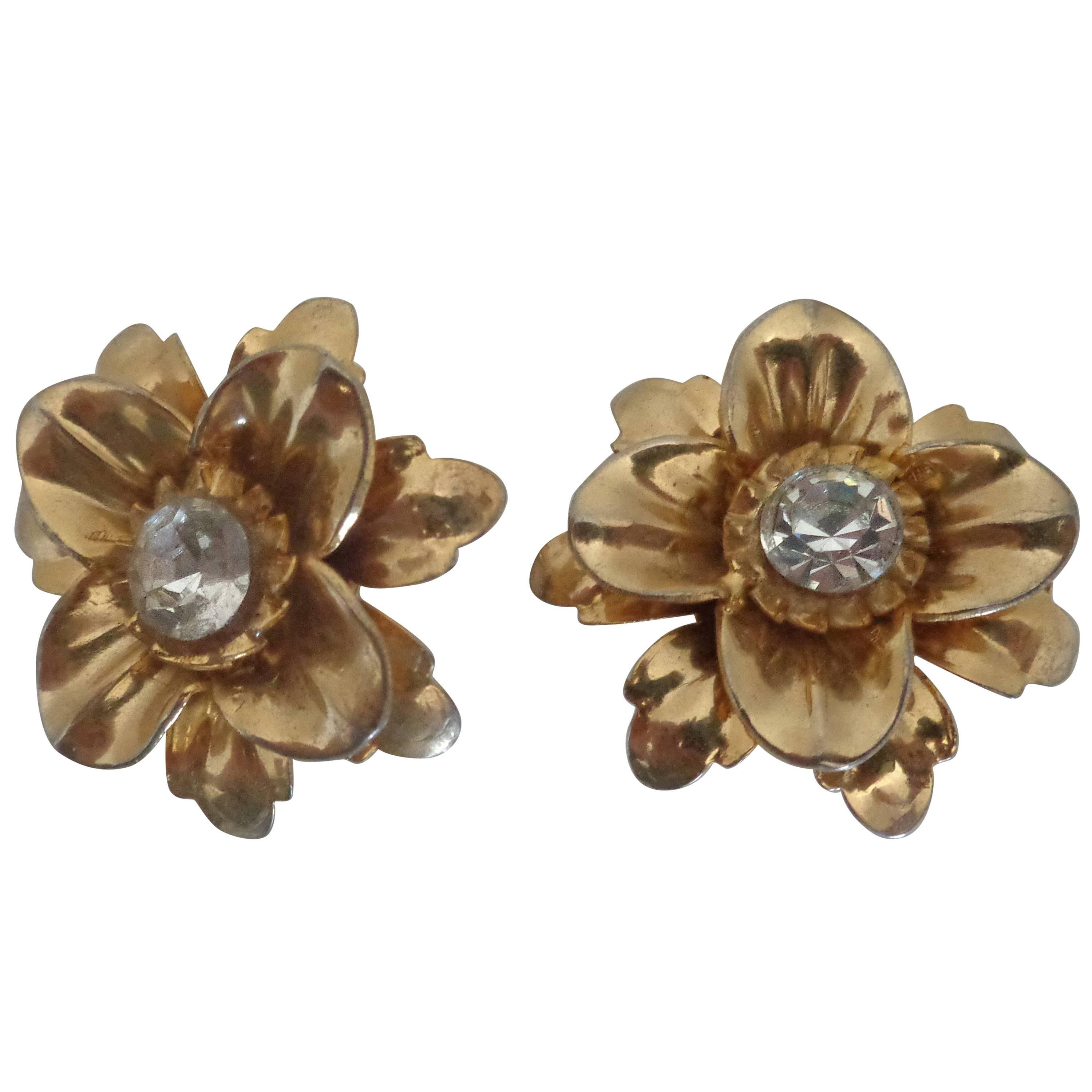 1980s Gold tone flowers with Crystal Swarovsky clip on earrings