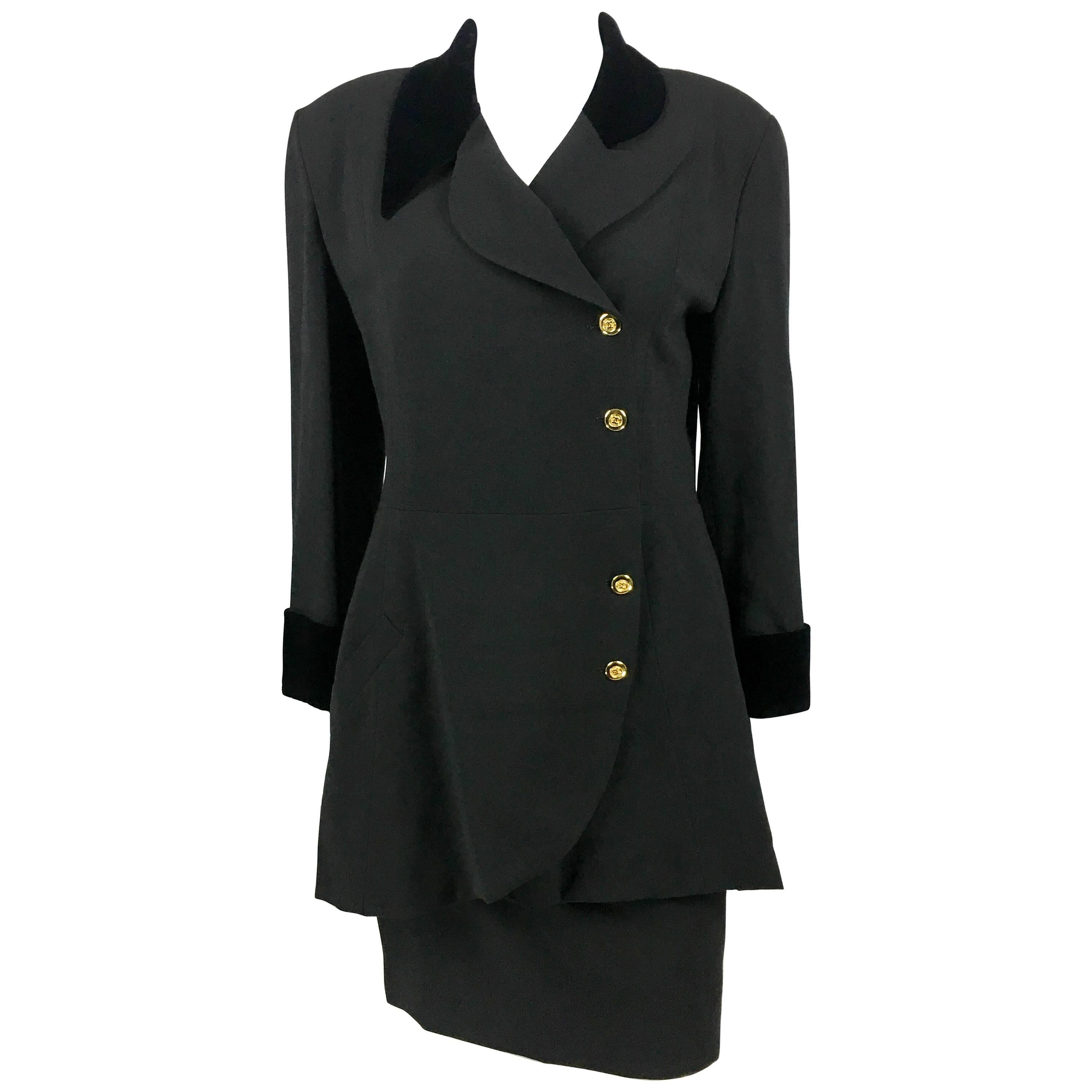 1990s Chanel Black Wool Skirt Suit With Velvet Collar and Cuffs