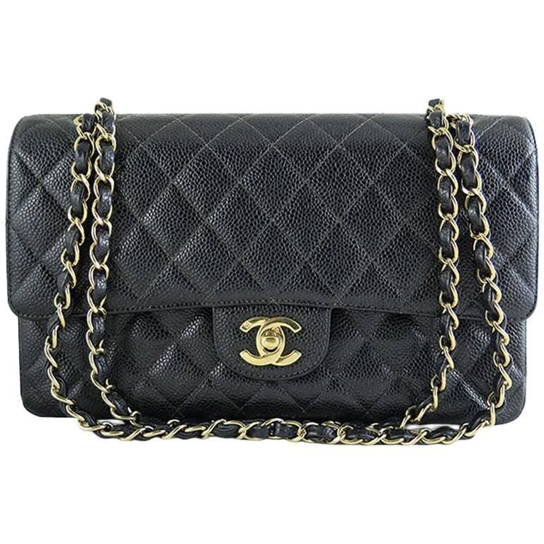 Chanel Black Caviar 10 inch Medium 2.55 Classic Double Flap Bag For