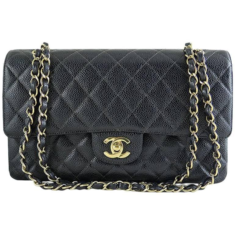 Chanel Black Caviar 10 inch Medium 2.55 Classic Double Flap Bag For Sale