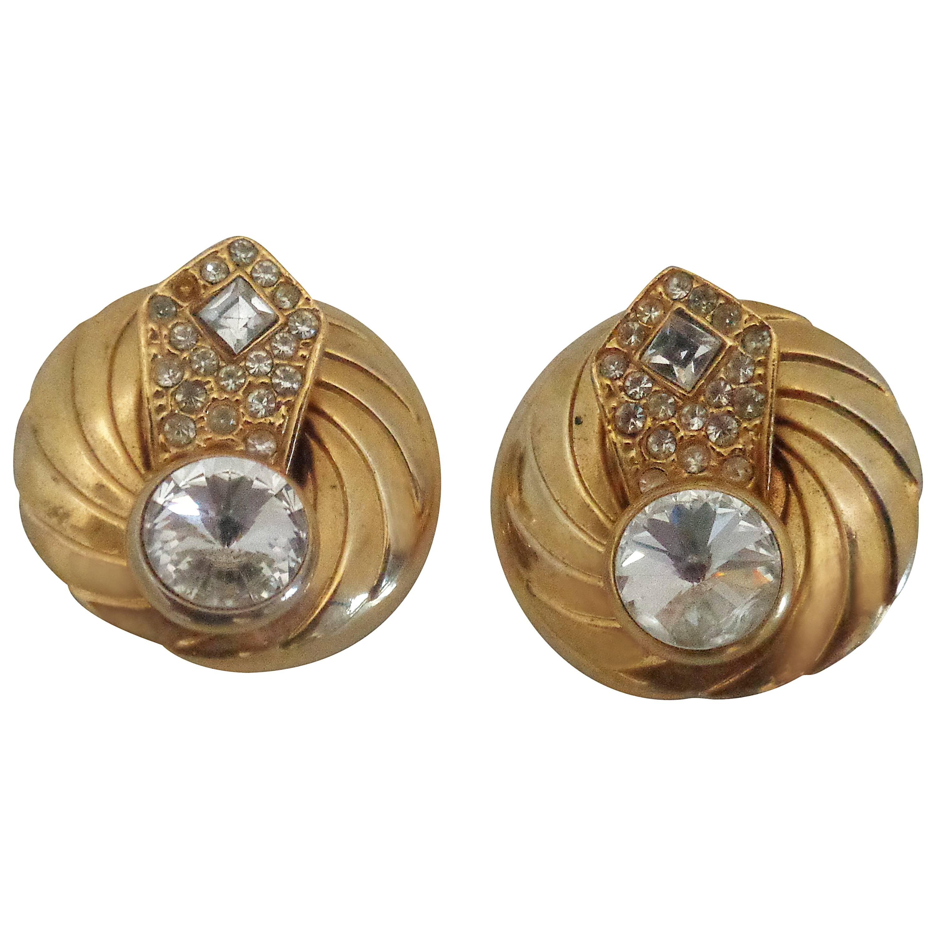 1990s Gold tone Swarovski clip on earrings For Sale