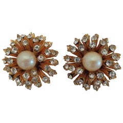 1980s I.N.A.P Gold tone with Crystal Swarovski and Faux Pearls Clip-on earrings
