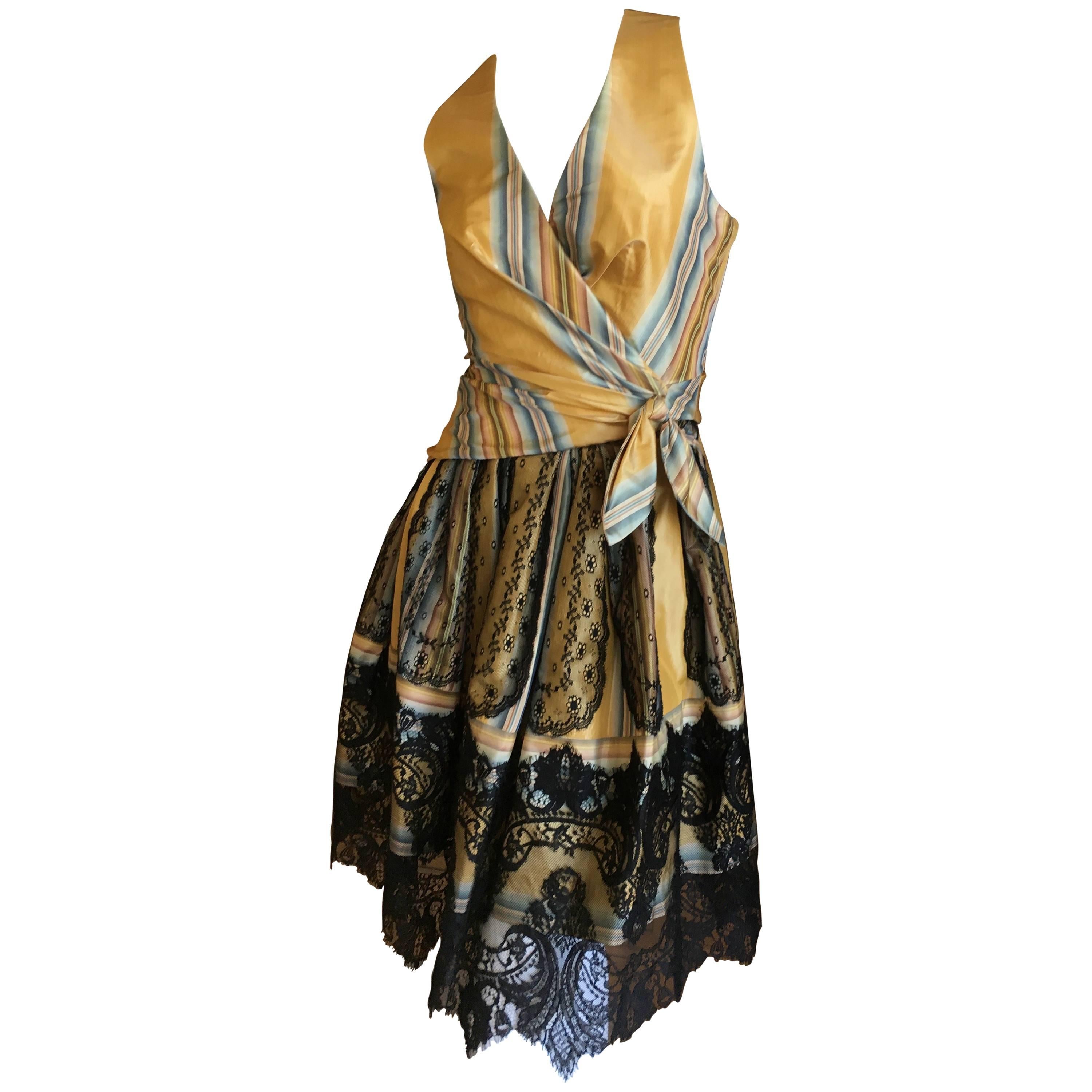 Christian Lacroix Charming Stripe Silk Summer Dress w Arlesian Lace Trim Skirt For Sale