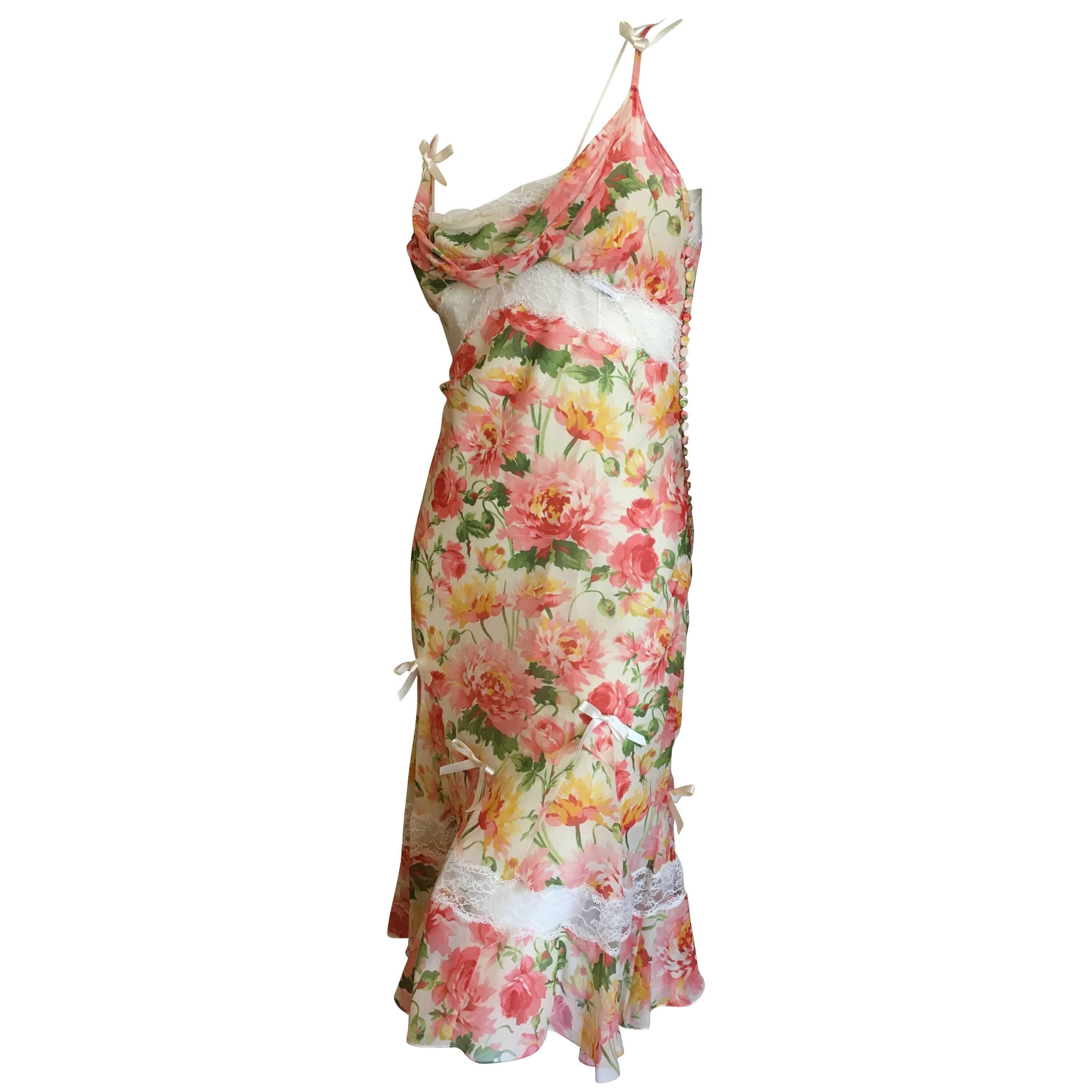 Christian Dior by John Galliano Romantic Floral Dress with Sheer Lace Inserts 38 For Sale