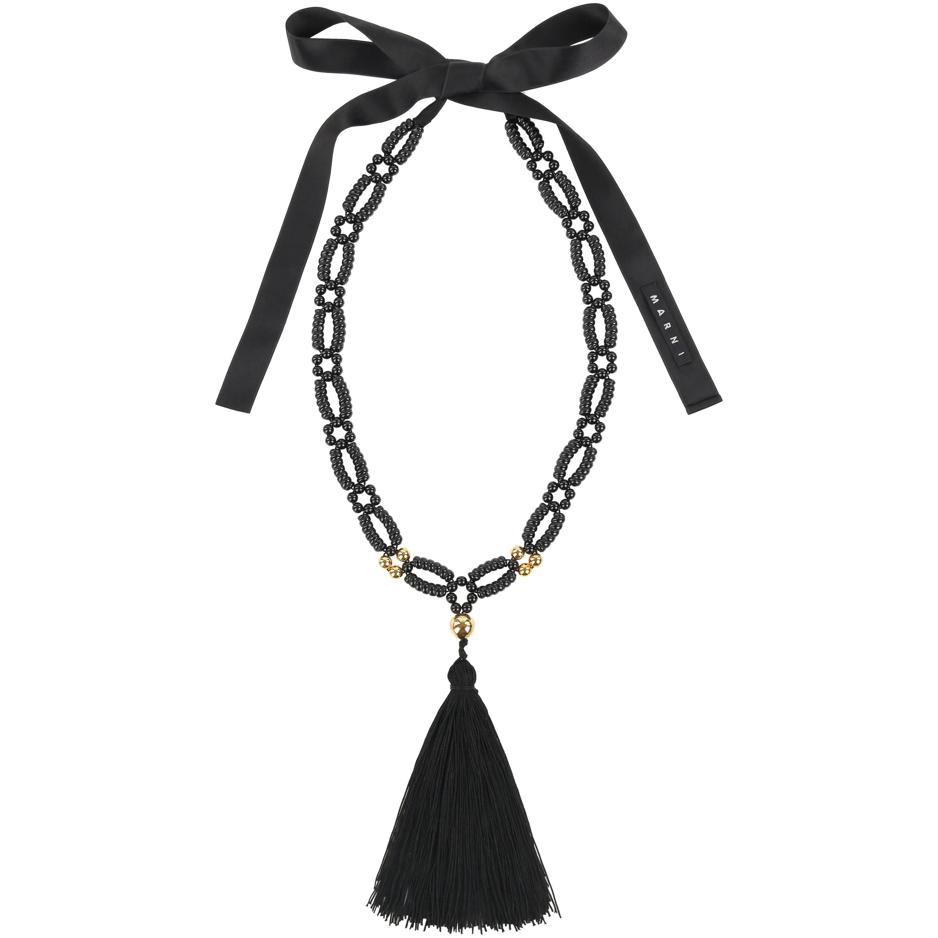 MARNI Resort 2012 Black & Gold Beaded Tassel Pendant Statement Necklace / Belt