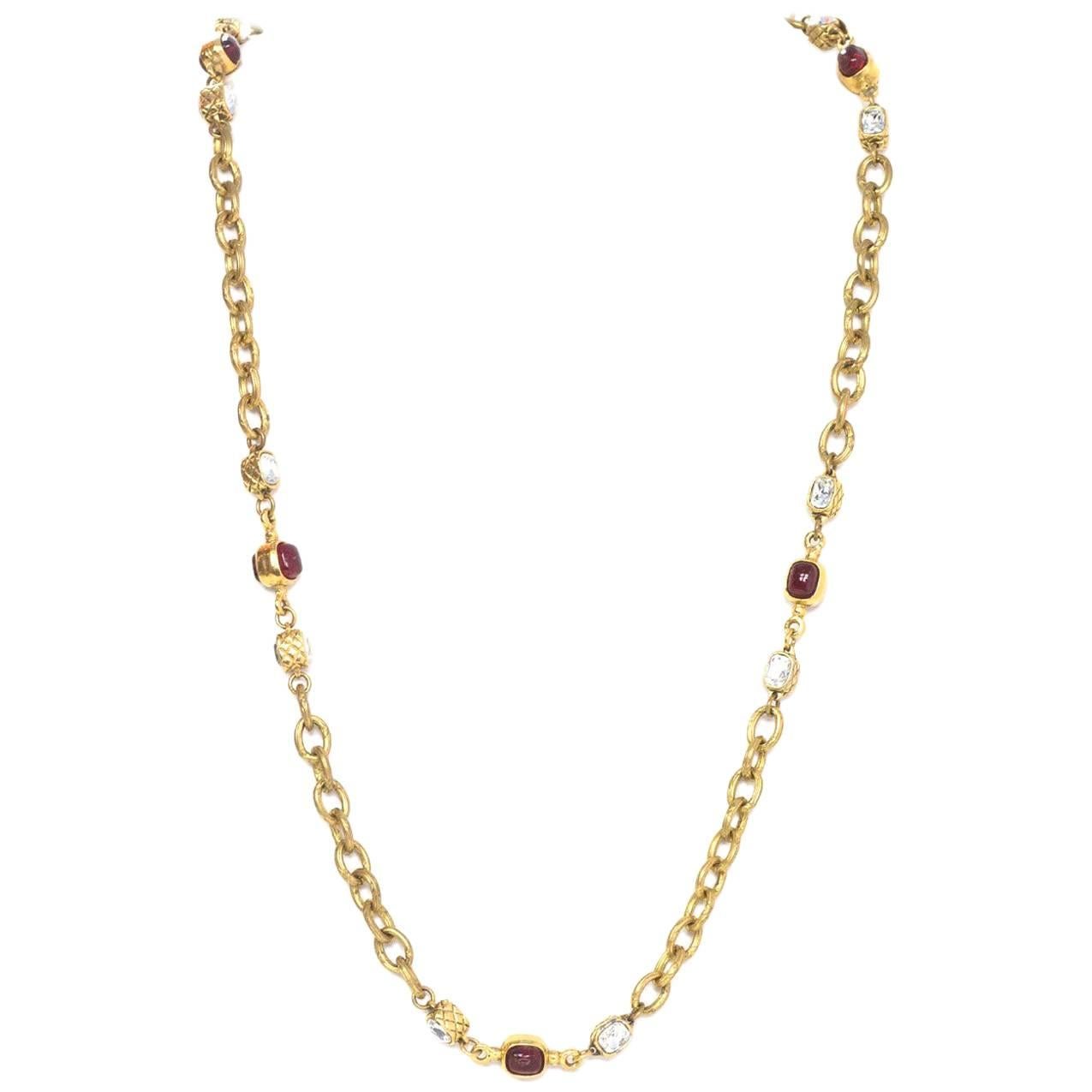 Chanel Vintage Gold Chain Link & Red Gripoix Necklace