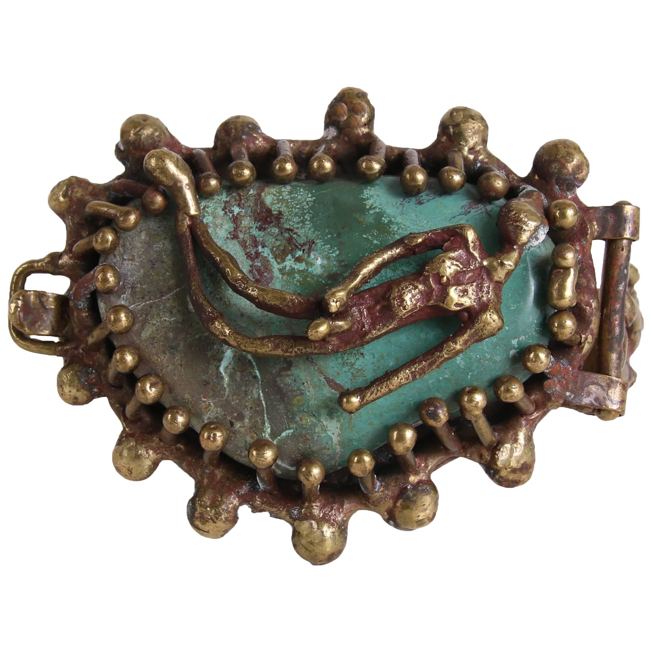 1970's Pal Kepenyes Brass & Turquoise Hinged Bracelet w/Female Figure