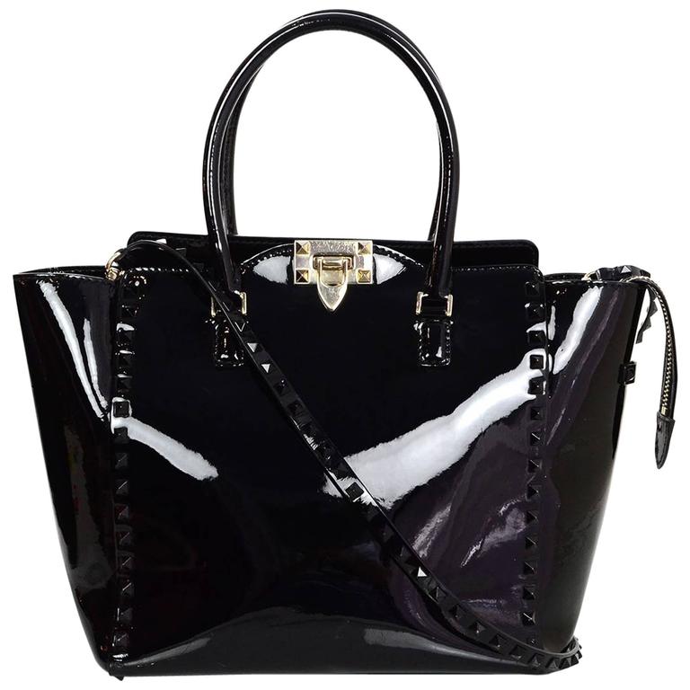 Valentino Black Patent Leather Medium Rockstud Tote Bag w/ Strap For Sale at 1stdibs