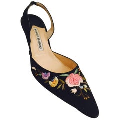 Manolo Blahnik Embroidered Black Silk Evening Slingback High Heels