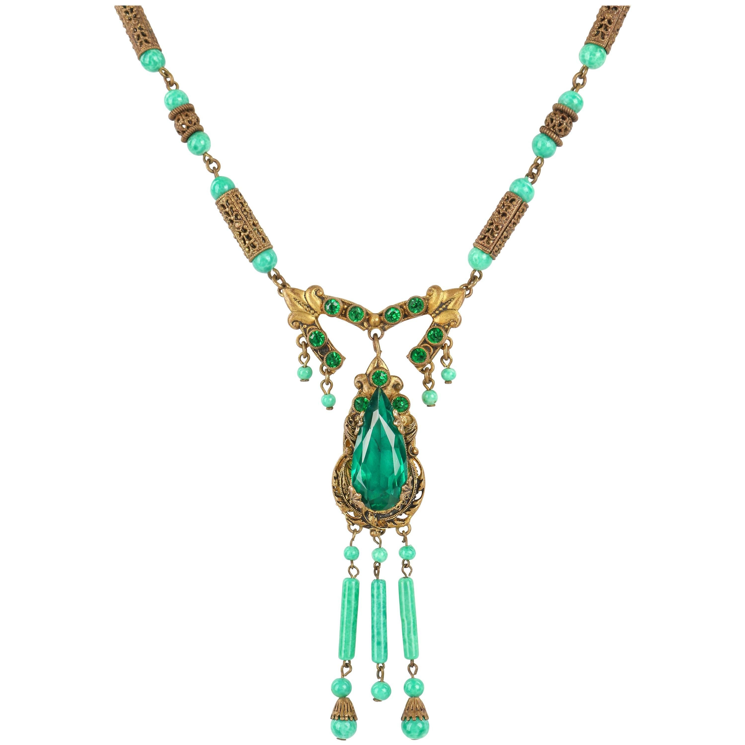 ART DECO c.1920's Ornamental Brass Jade Czech Peking Glass Pendant Necklace