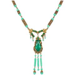 ART DECO c.1920's Ornamental Brass Jade Czech Peking Glass Pendant Necklace 7