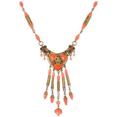 ART NOUVEAU c.1920's Ornamental Brass Purple Coral Czech Glass Pendant Necklace 5