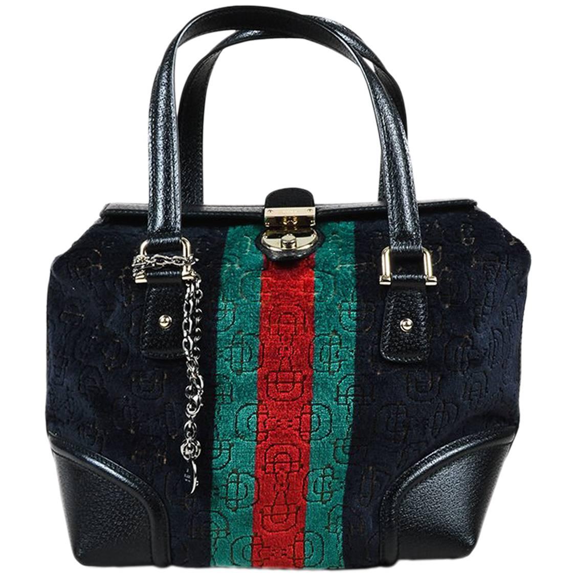 Gucci Black Multicolor Velvet Leather Horsebit Print "Treasure" Boston Bag For Sale