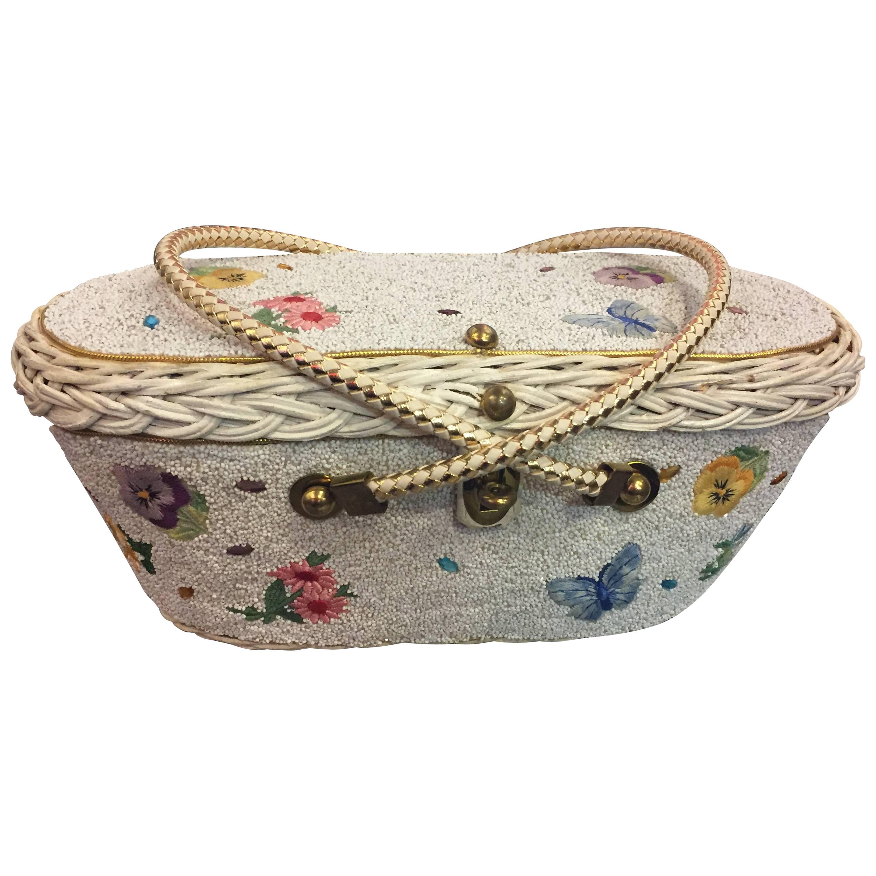 1950's Beaded & Wicker Floral Basket Novelty Bag  