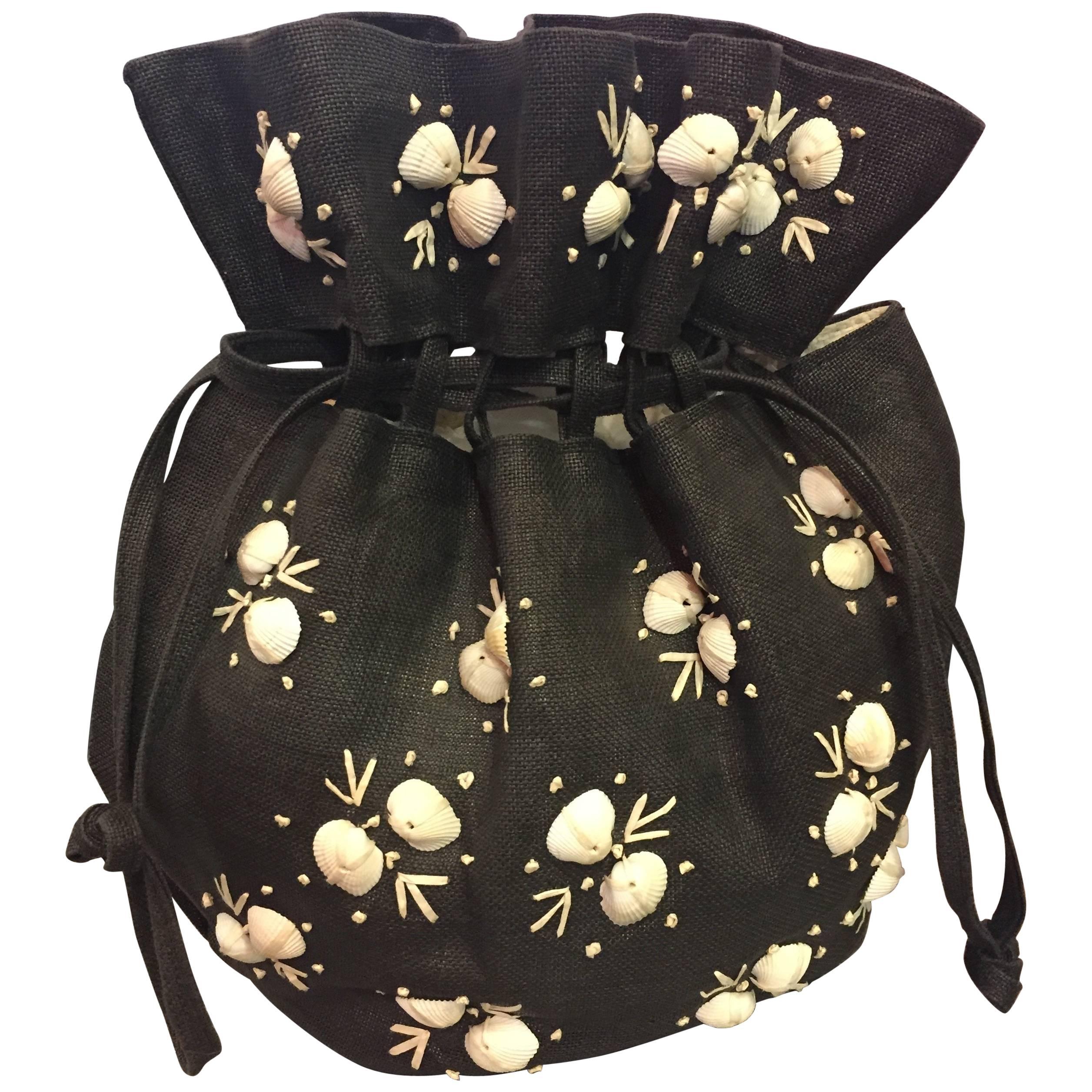 1950's Black Straw Pouch Bag with White Seashells 