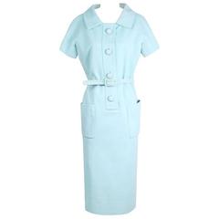 Vintage Norman Norell Pastel Blue Wool Shift Dress circa 1960s