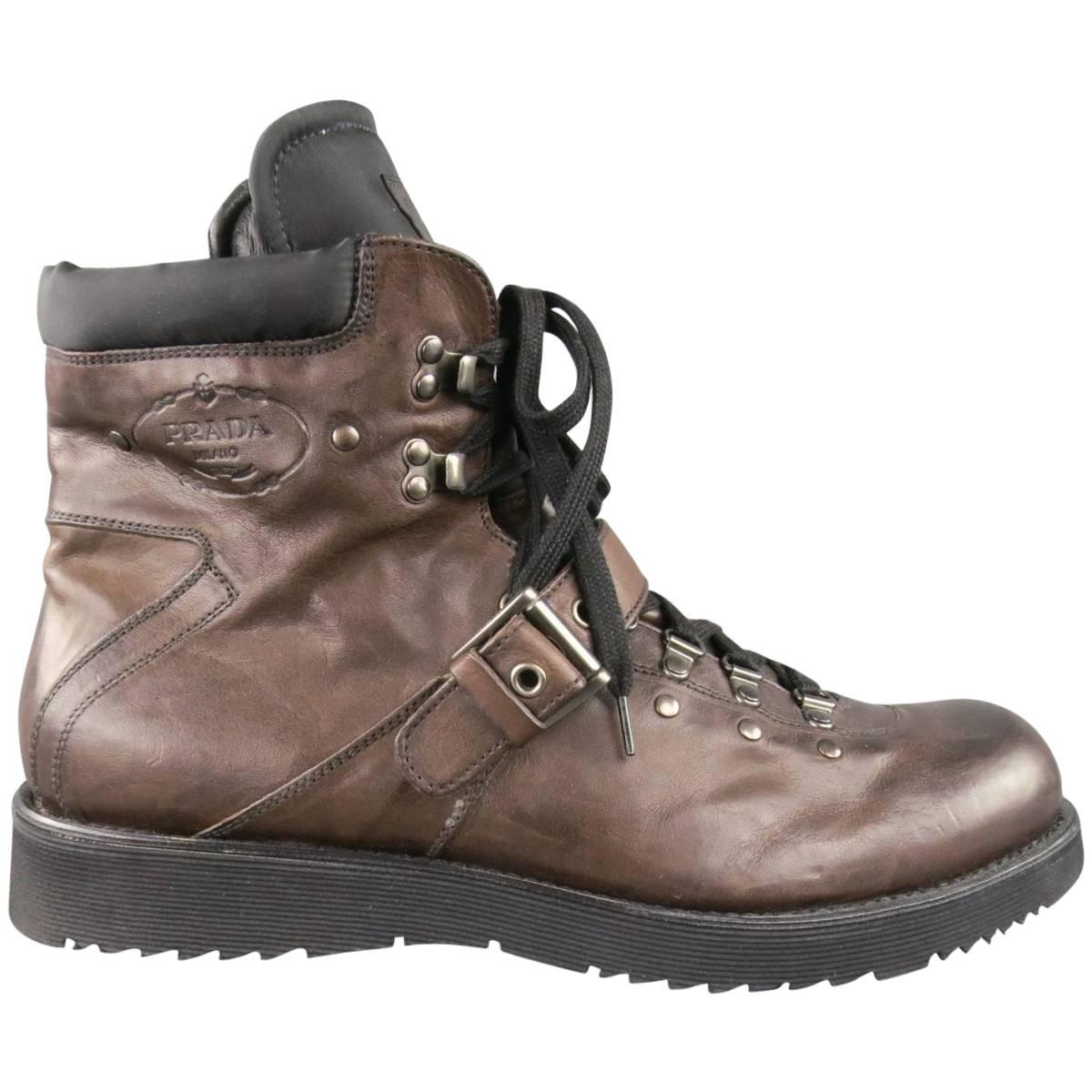 Men's PRADA Size 13 Brown Leather & Black Nylon Hiking Boots