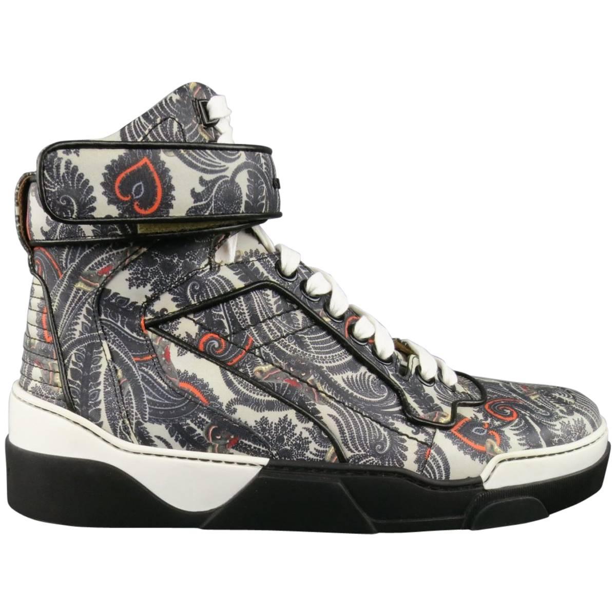 GIVENCHY Size 10 Grey Paisley Butterfly Print Leather Tyson High Top Sneaker
