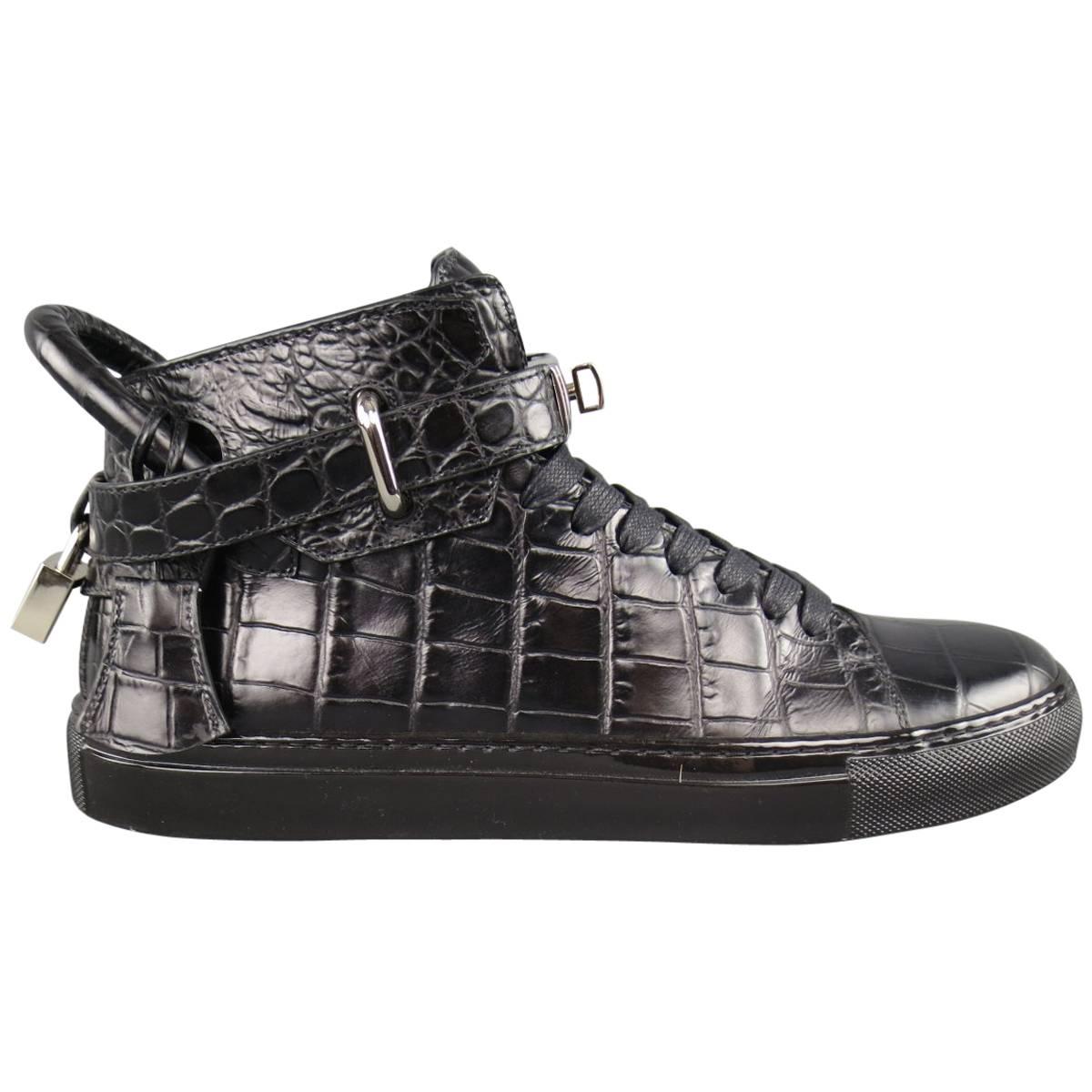 Men's BUSCEMI Size 8 Black Aligator Embossed Leather 100mm High Top Sneakers