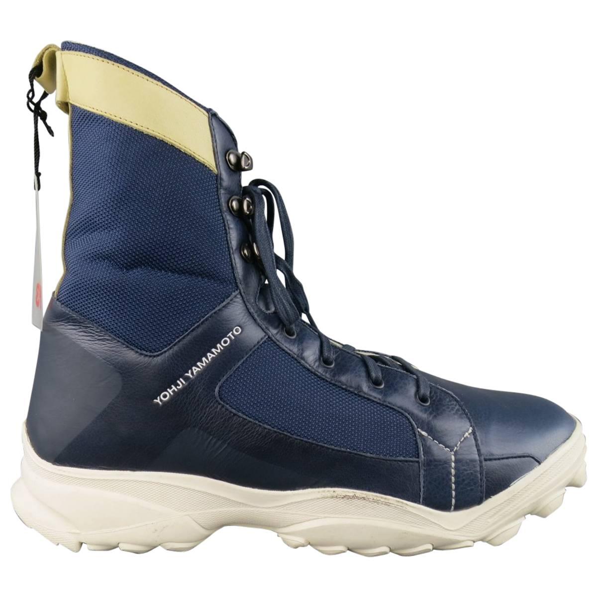 Y-3 by YOHJI YAMAMOTO Size 12 Navy Leather & Mesh White Sole Combat Boots